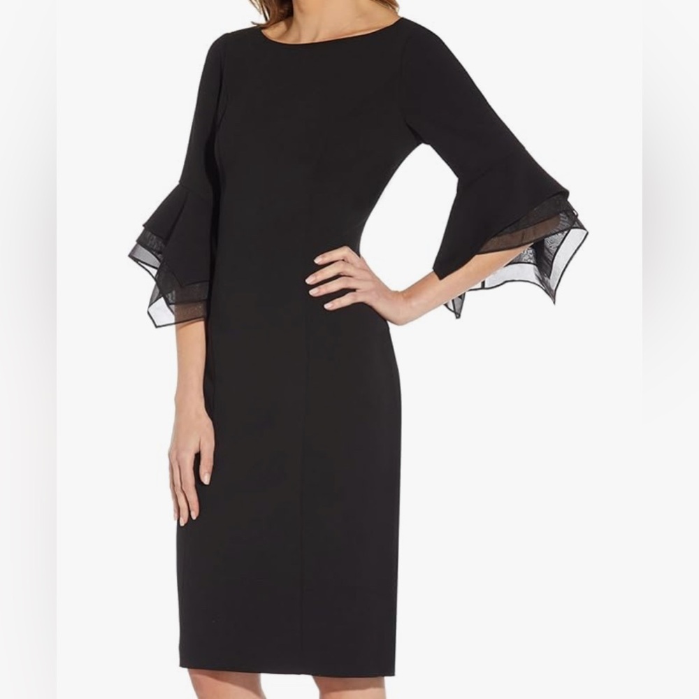 Adrianna Papell Black Stretch Crepe 3/4 Bell Sleeve Boat Neck Sheath Dress Sz 2